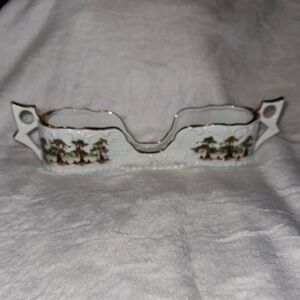 White Porcelain Double Condiment Server with Gold Trim, hand painted and signed.